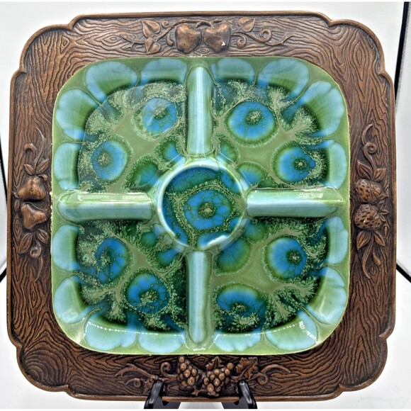 Vintage Treasure Craft Serving Tray Divided Platter MCM Green/Turquoise 13.5” - Picture 1 of 12